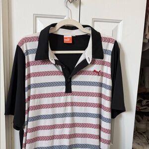 Puma Men's Red, Black, and White Striped Polo Shirt